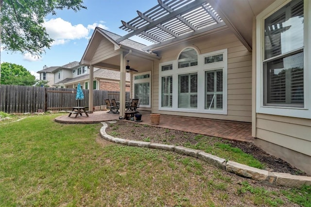 3820 Lagoona Dr, Round Rock, TX 78681 - back of property featuring ceiling fan, a patio area, and a pergola