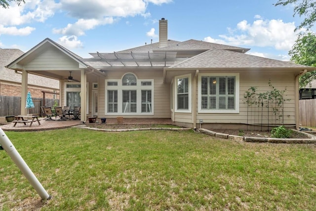 3820 Lagoona Dr, Round Rock, TX 78681 - rear view of property with a ceiling fan, a chimney, a patio, a shingled roof, and a pergola