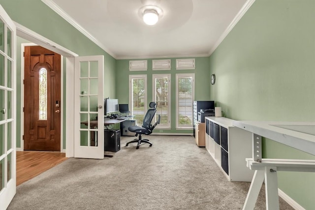 3820 Lagoona Dr, Round Rock, TX 78681 - carpeted office featuring ornamental molding, french doors, and baseboards
