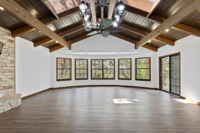 502 Grace Ln, Austin, TX 78746 - unfurnished living room featuring wood ceiling, baseboards, wood finished floors, and ceiling fan