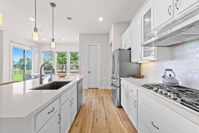 kitchen with a sink, light wood-type flooring, visible vents, under cabinet range hood, and appliances with stainless steel finishes