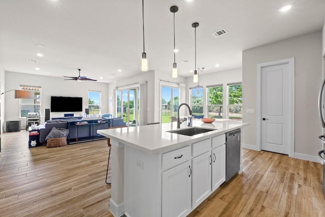 kitchen with a wealth of natural light, stainless steel dishwasher, visible vents, and a sink