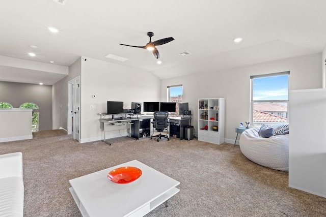 interior space with baseboards, a ceiling fan, visible vents, and recessed lighting