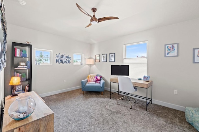 home office with baseboards, carpet floors, and ceiling fan