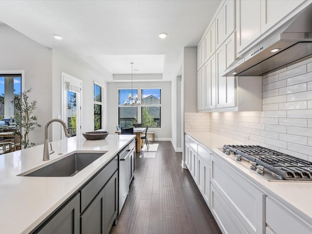 kitchen featuring tasteful backsplash, a sink, stainless steel appliances, light countertops, and under cabinet range hood