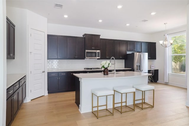 4323 Attra St, Austin, TX 78723 - kitchen with stainless steel appliances, light wood-style flooring, visible vents, backsplash, and a breakfast bar