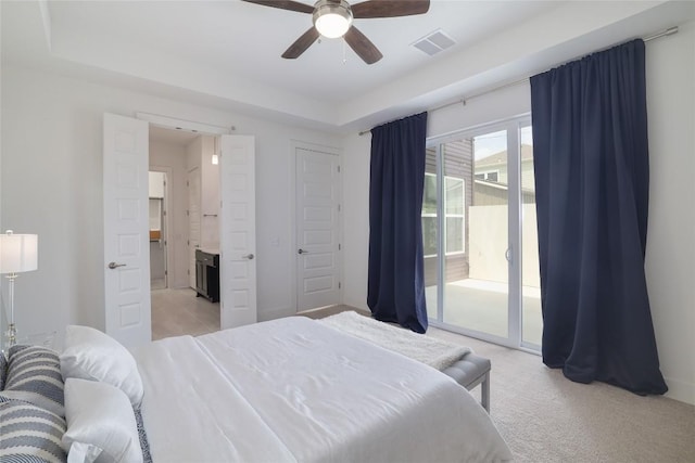 4323 Attra St, Austin, TX 78723 - bedroom with visible vents, access to exterior, light carpet, connected bathroom, and ceiling fan