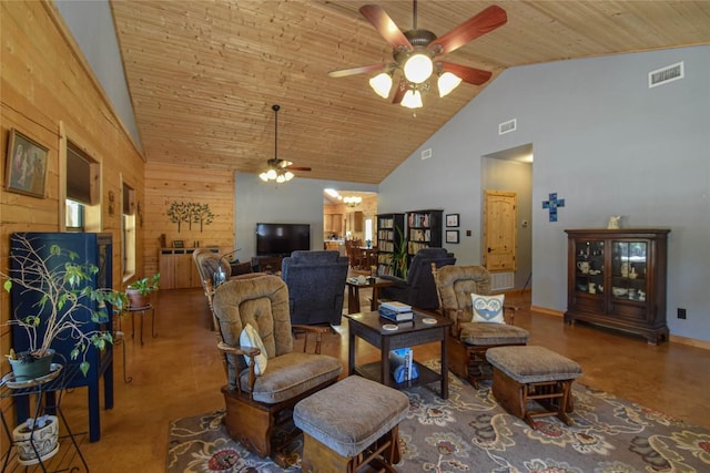 living area with high vaulted ceiling, ceiling fan, wood ceiling, and visible vents