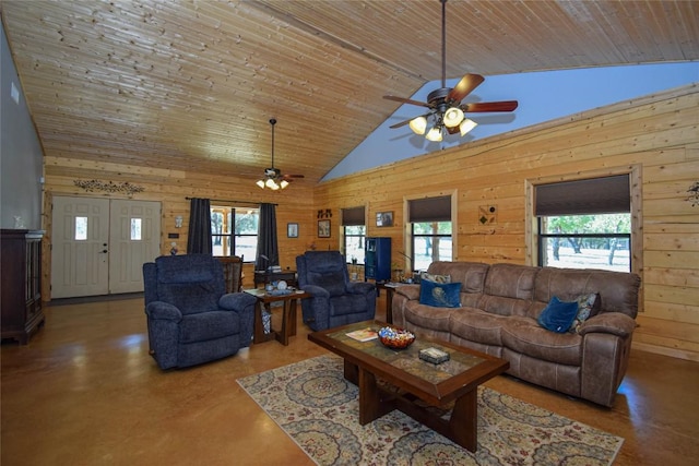 living area with wood ceiling, wood walls, high vaulted ceiling, and ceiling fan
