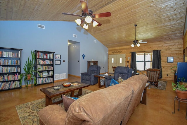 living room with high vaulted ceiling, ceiling fan, wooden ceiling, and visible vents