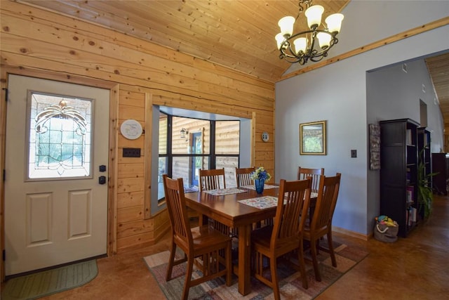 dining area with lofted ceiling, wood walls, and an inviting chandelier