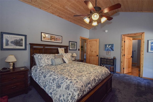 bedroom with baseboards, carpet, ceiling fan, wood ceiling, and high vaulted ceiling
