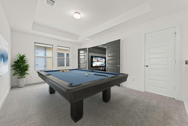 7413 Desert Needle Dr, Lago Vista, TX 78645 - rec room with a tray ceiling, billiards table, baseboards, and carpet