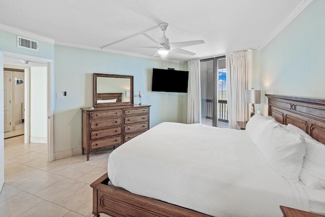 bedroom with visible vents, a ceiling fan, ornamental molding, light tile patterned flooring, and access to outside
