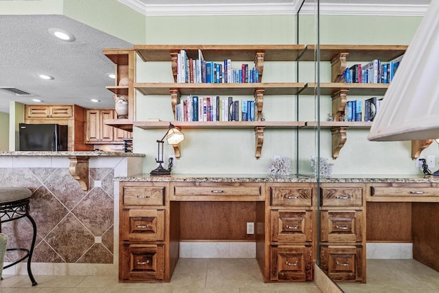 office space with recessed lighting, crown molding, visible vents, and light tile patterned floors