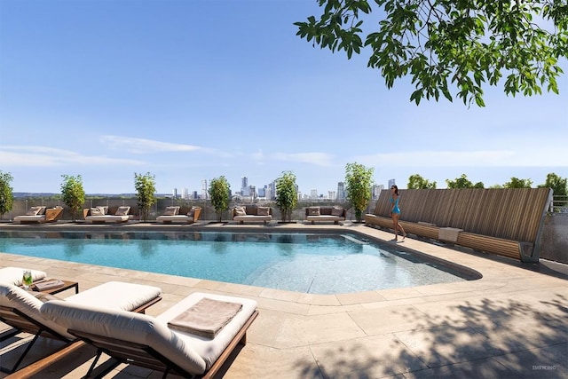 view of swimming pool with a patio, a fenced backyard, and a fenced in pool