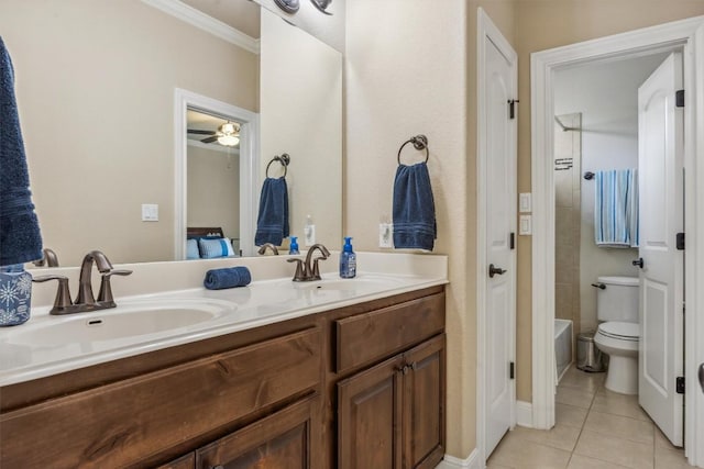 2505 Livenza Pl, Leander, TX 78641 - full bath featuring double vanity, tile patterned flooring, ornamental molding, washtub / shower combination, and ceiling fan