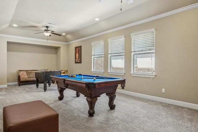 2505 Livenza Pl, Leander, TX 78641 - game room with a ceiling fan, carpet, pool table, recessed lighting, and crown molding