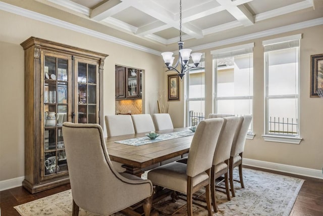 2505 Livenza Pl, Leander, TX 78641 - dining room with a chandelier, coffered ceiling, plenty of natural light, beamed ceiling, and dark wood-style floors