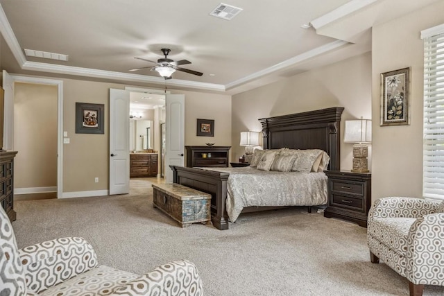 2505 Livenza Pl, Leander, TX 78641 - bedroom with light colored carpet, crown molding, ensuite bathroom, and a ceiling fan