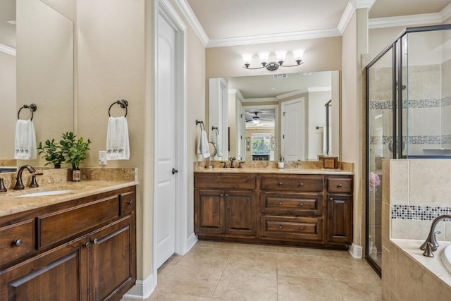 2505 Livenza Pl, Leander, TX 78641 - full bath featuring ornamental molding, a stall shower, vanity, and a garden tub