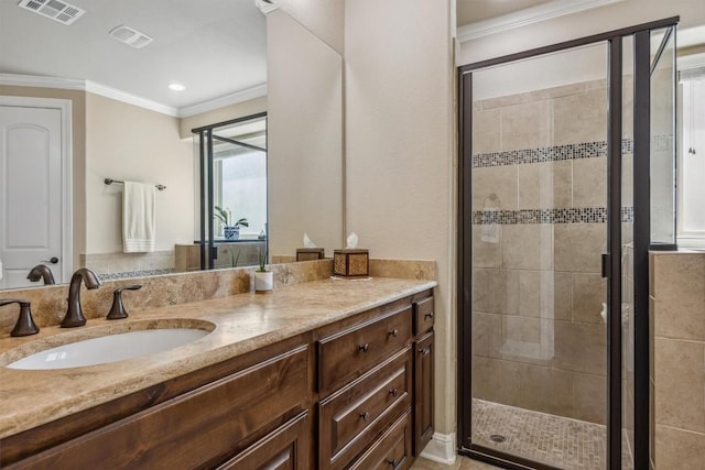 2505 Livenza Pl, Leander, TX 78641 - full bathroom with vanity, a stall shower, crown molding, and recessed lighting