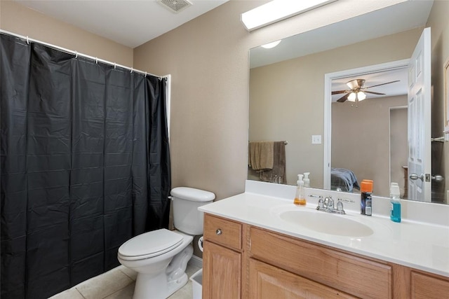 bathroom with tile patterned flooring, visible vents, a ceiling fan, vanity, and toilet