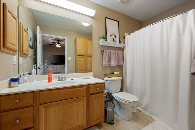 full bath with vanity, ceiling fan, toilet, tile patterned flooring, and visible vents