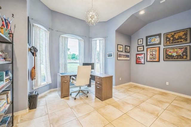 office space with recessed lighting, an inviting chandelier, vaulted ceiling, and baseboards