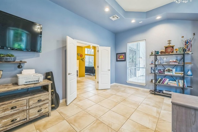 interior space featuring light tile patterned floors, baseboards, visible vents, and recessed lighting