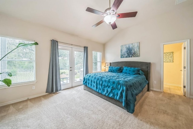 carpeted bedroom with french doors, baseboards, access to outside, and vaulted ceiling