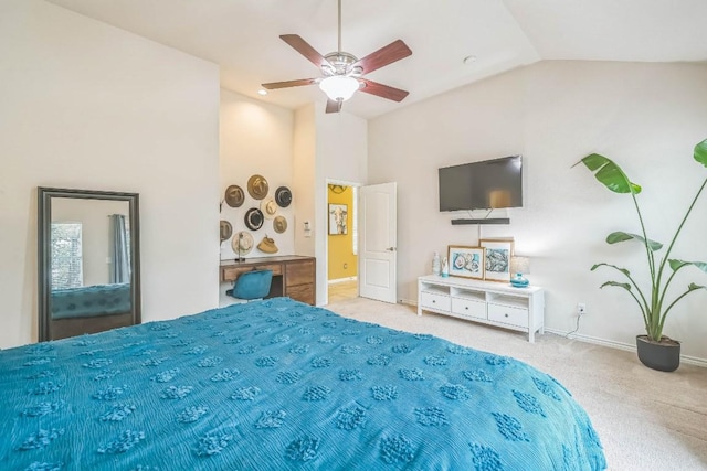 bedroom featuring vaulted ceiling, carpet flooring, baseboards, and a ceiling fan