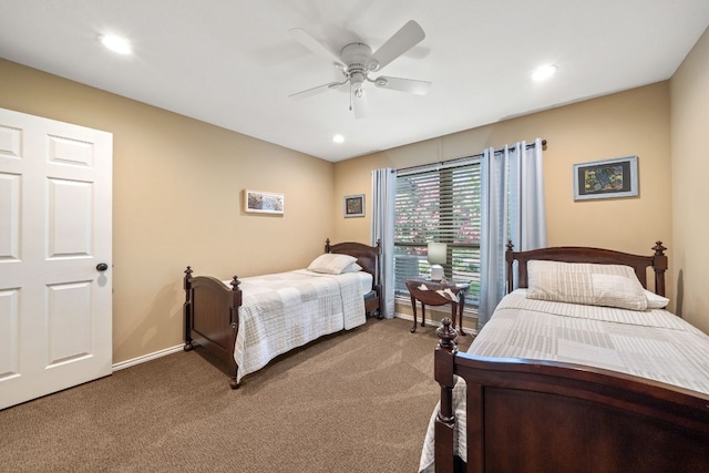 bedroom with recessed lighting, carpet, and a ceiling fan