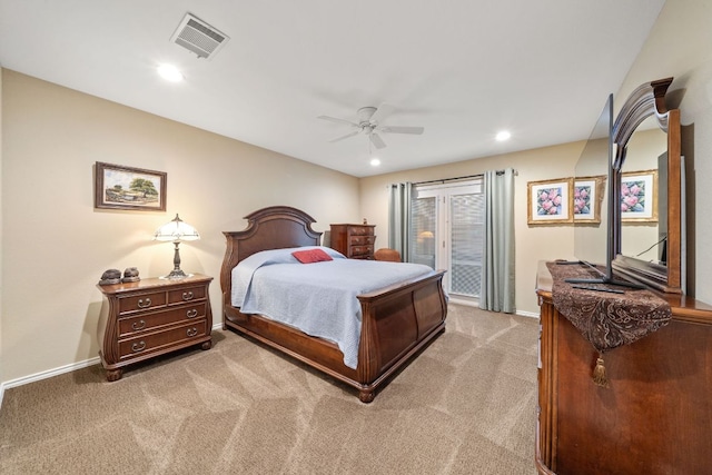 bedroom featuring light carpet, access to exterior, baseboards, visible vents, and ceiling fan