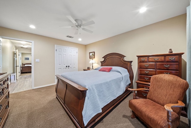 25 Doolittle Dr, Wimberley, TX 78676 - bedroom featuring recessed lighting, light colored carpet, a ceiling fan, baseboards, and a closet