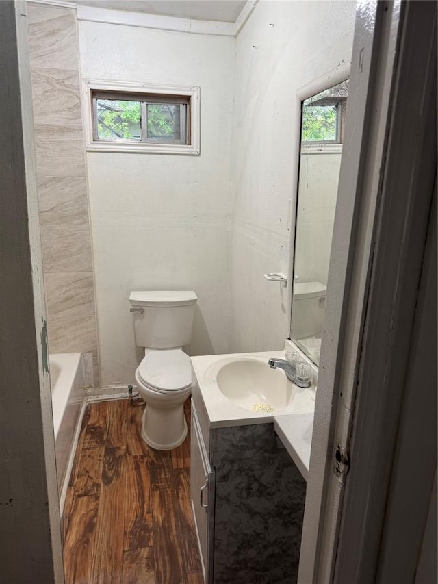 bathroom featuring plenty of natural light, wood finished floors, vanity, and toilet