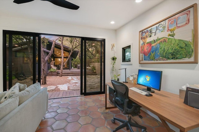 1213 Falcon Ledge Dr, Austin, TX 78746 - office space featuring ceiling fan, tile patterned flooring, and recessed lighting
