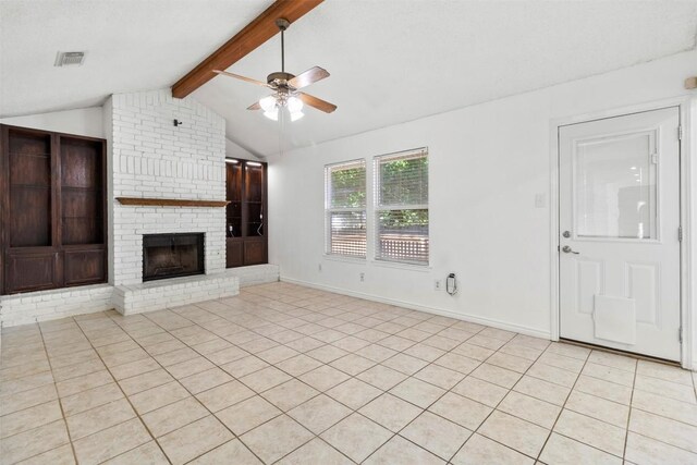 2210 Lasso Dr, Round Rock, TX 78681 - unfurnished living room featuring visible vents, a ceiling fan, baseboards, lofted ceiling with beams, and a fireplace