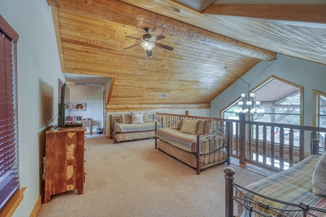bedroom with wood ceiling, carpet floors, a notable chandelier, and lofted ceiling