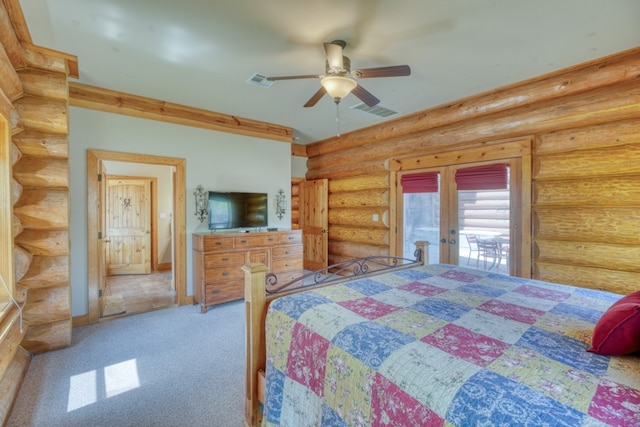 carpeted bedroom with log walls, french doors, access to exterior, and visible vents