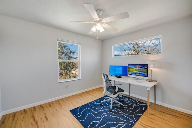 office with wood finished floors, a healthy amount of sunlight, and baseboards