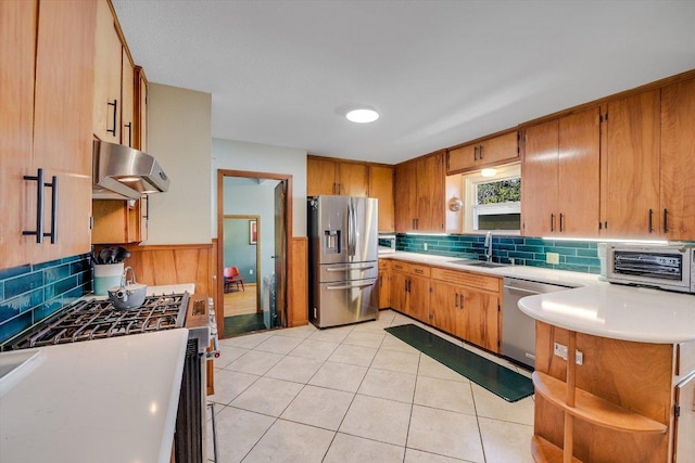 kitchen featuring decorative backsplash, ventilation hood, a sink, and appliances with stainless steel finishes