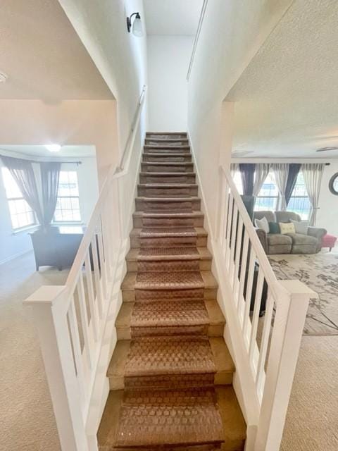 stairs featuring carpet flooring