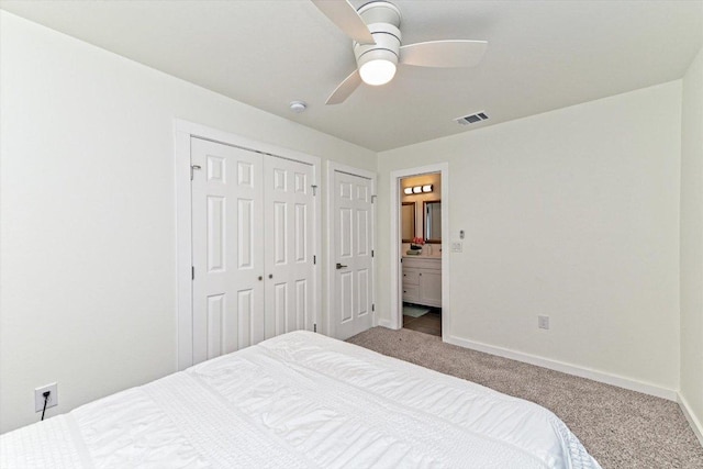 6300 Merriwood Dr, Austin, TX 78745 - carpeted bedroom with ensuite bath and a ceiling fan