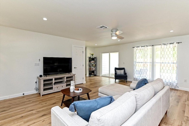 6300 Merriwood Dr, Austin, TX 78745 - living area featuring a ceiling fan, light wood-style floors, and recessed lighting