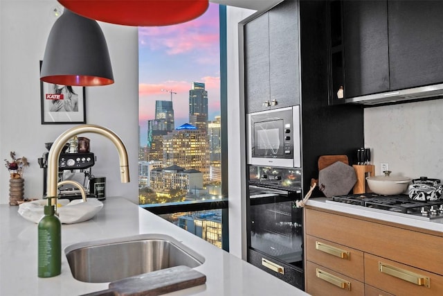 kitchen featuring under cabinet range hood, dark cabinets, a city view, a sink, and black appliances