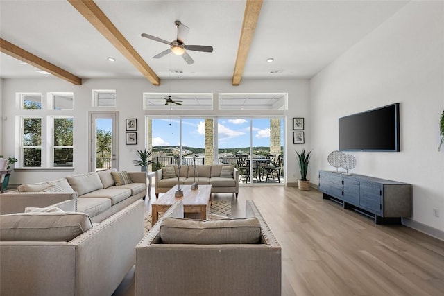 298 Smoke Tree Cir, Dripping Springs, TX 78620 - living area featuring a ceiling fan, beam ceiling, and wood finished floors