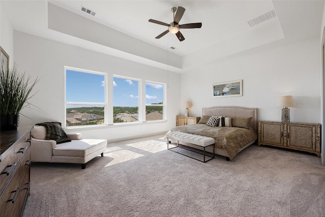 298 Smoke Tree Cir, Dripping Springs, TX 78620 - carpeted bedroom with a tray ceiling and a ceiling fan