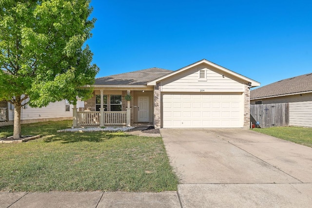 single story home with a front lawn, driveway, covered porch, and a garage