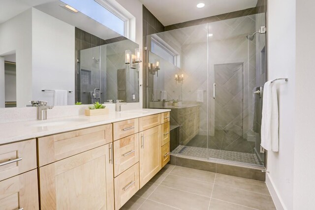 4300 Mansfield Dam Ct Unit 1231, Austin, TX 78734 - full bath with a shower stall, double vanity, tile patterned floors, baseboards, and recessed lighting